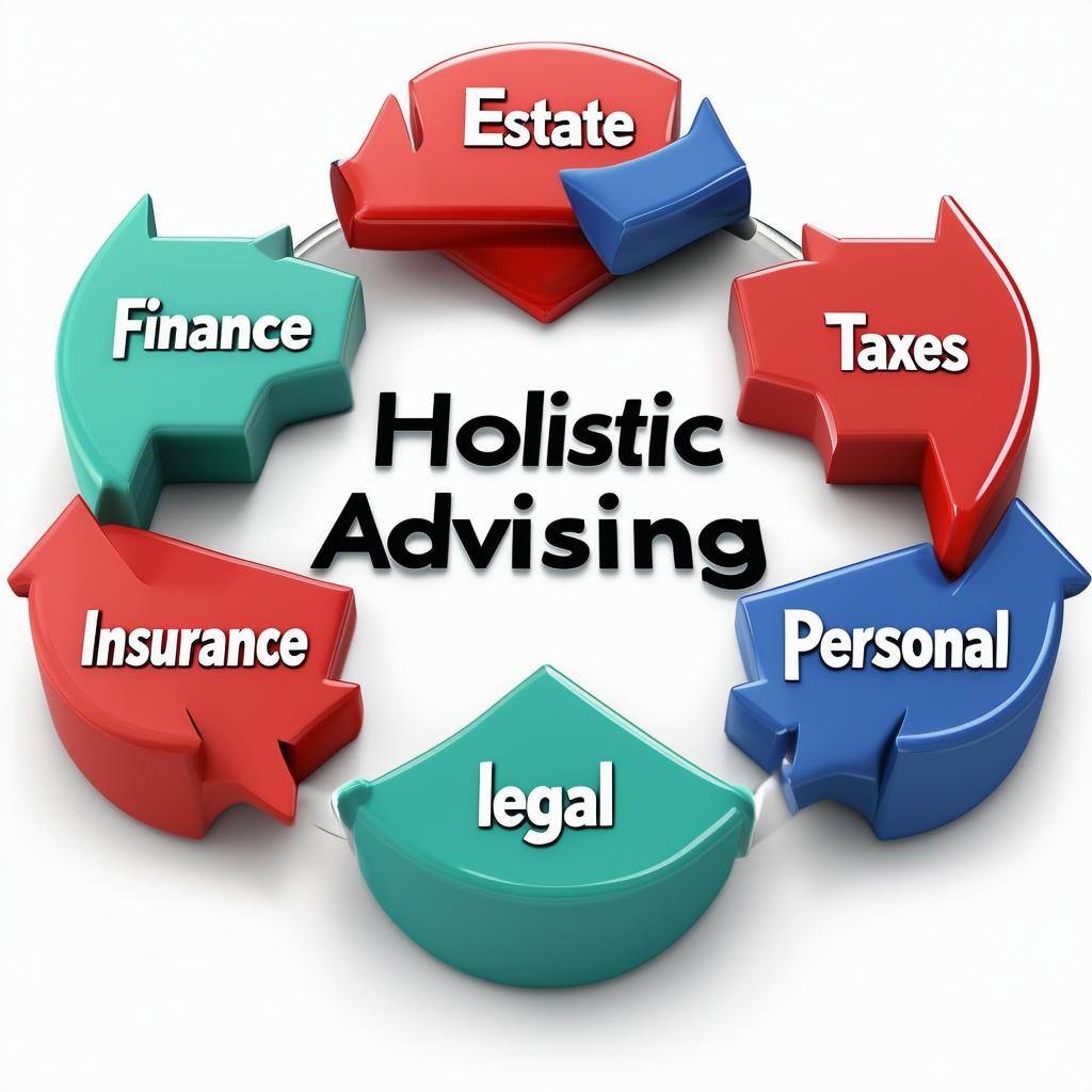 show exact text Estate, Finance, Insurance, Taxes, legal, Personal each displayed only on top of six inward arrows to a circle with Holist-1